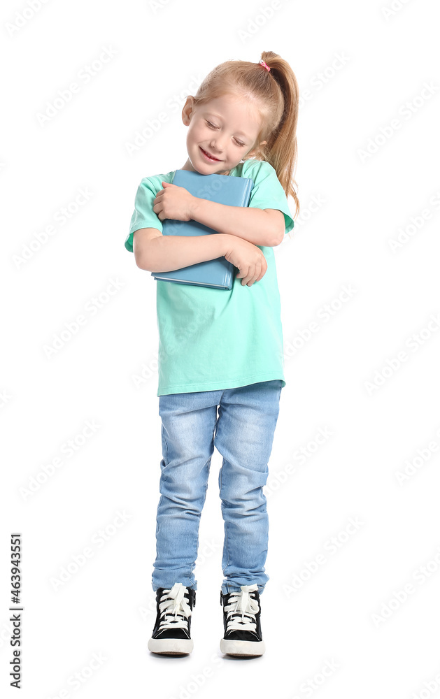 Funny little girl hugging book on white background Funny little girl hugging book on white background