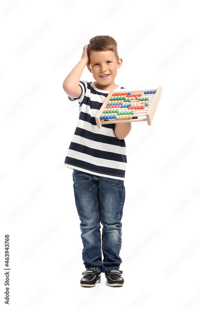 Cute little boy with abacus on white background Cute little boy with abacus on white background