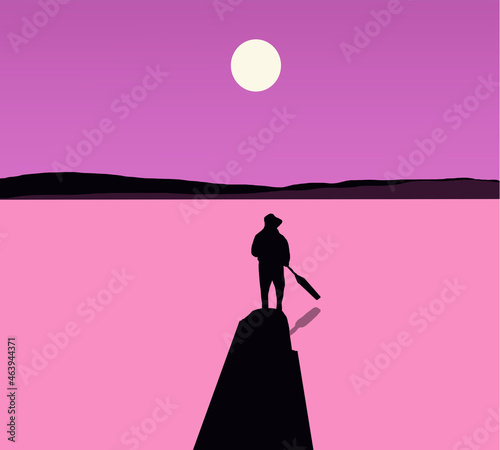 Silhouette man rowing bamboo raft floating in clear water under sunset time, whilst on cruise on vacation. Traveling Asia.