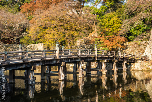 Amazing old wooden bridge of a Japanese castle reflected in the moat in late afternoon, autumn trees.