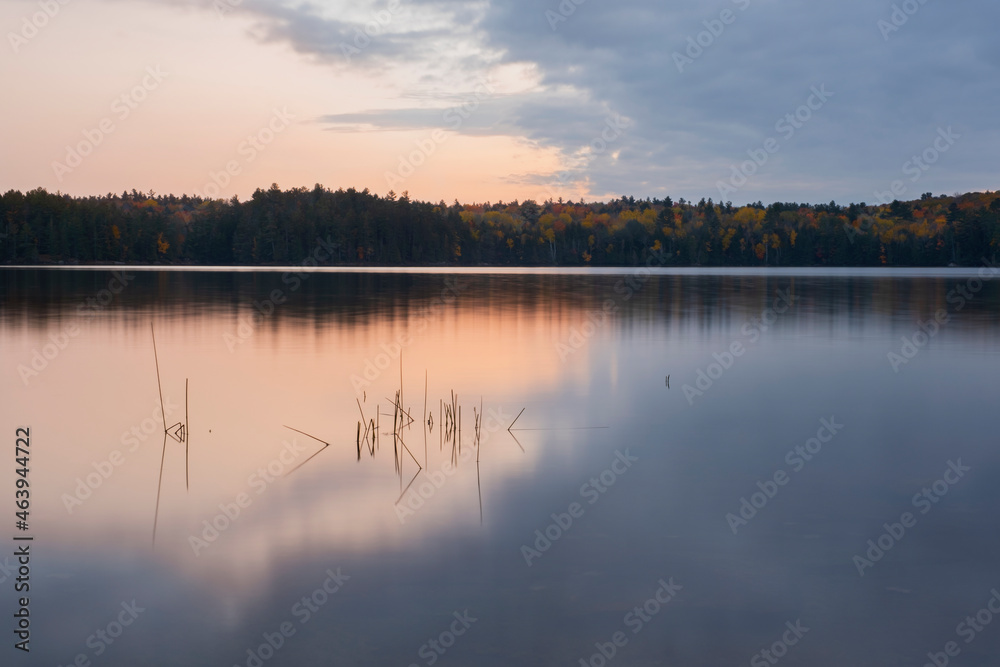 Smooth water surface of a lake shot with long exposure at sunset hour, fall forest out focus in the background.