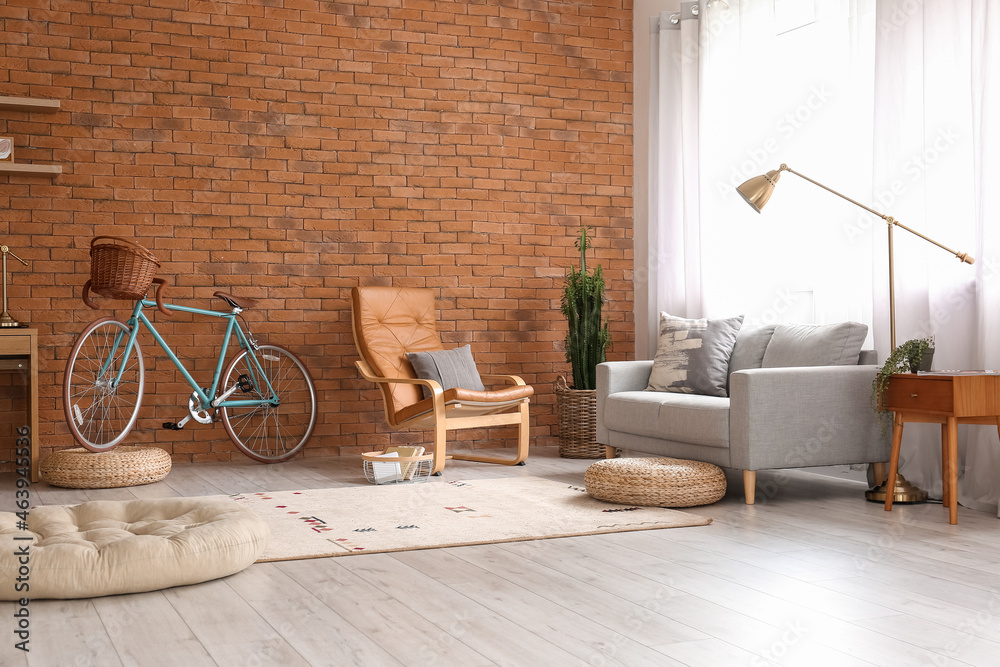 Comfortable living room interior with modern bicycle - obrazy, fototapety, plakaty 