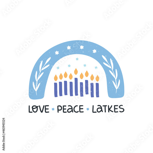 Hanukkah vector celebration typography. Jewish holiday greeting card. Love, peace, light quote. Chanukah wishes isolated on white. Handwritten Hanuka festive rainbow, candle illustration.
