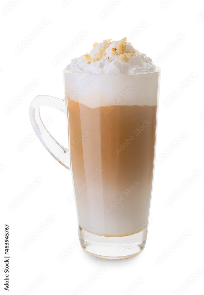 Glass cup of tasty latte with nuts on white background Glass cup of tasty latte with nuts on white background
