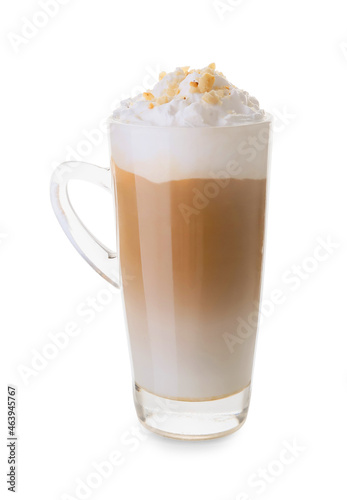 Glass cup of tasty latte with nuts on white background