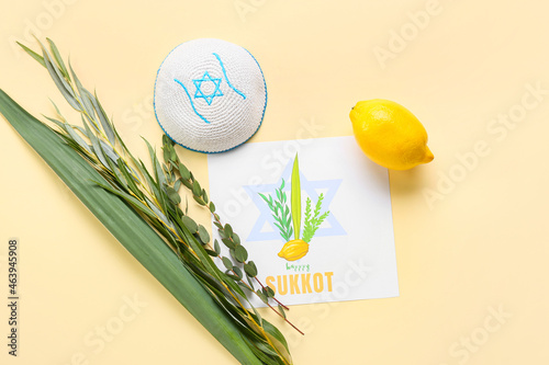 Composition for Sukkot celebration on color background photo