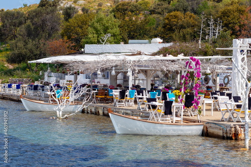 Wide angle shot of  Gumusluk bay in Gumusluk, Bodrum, Mugla, Turkey. Tourism and leisure concept.