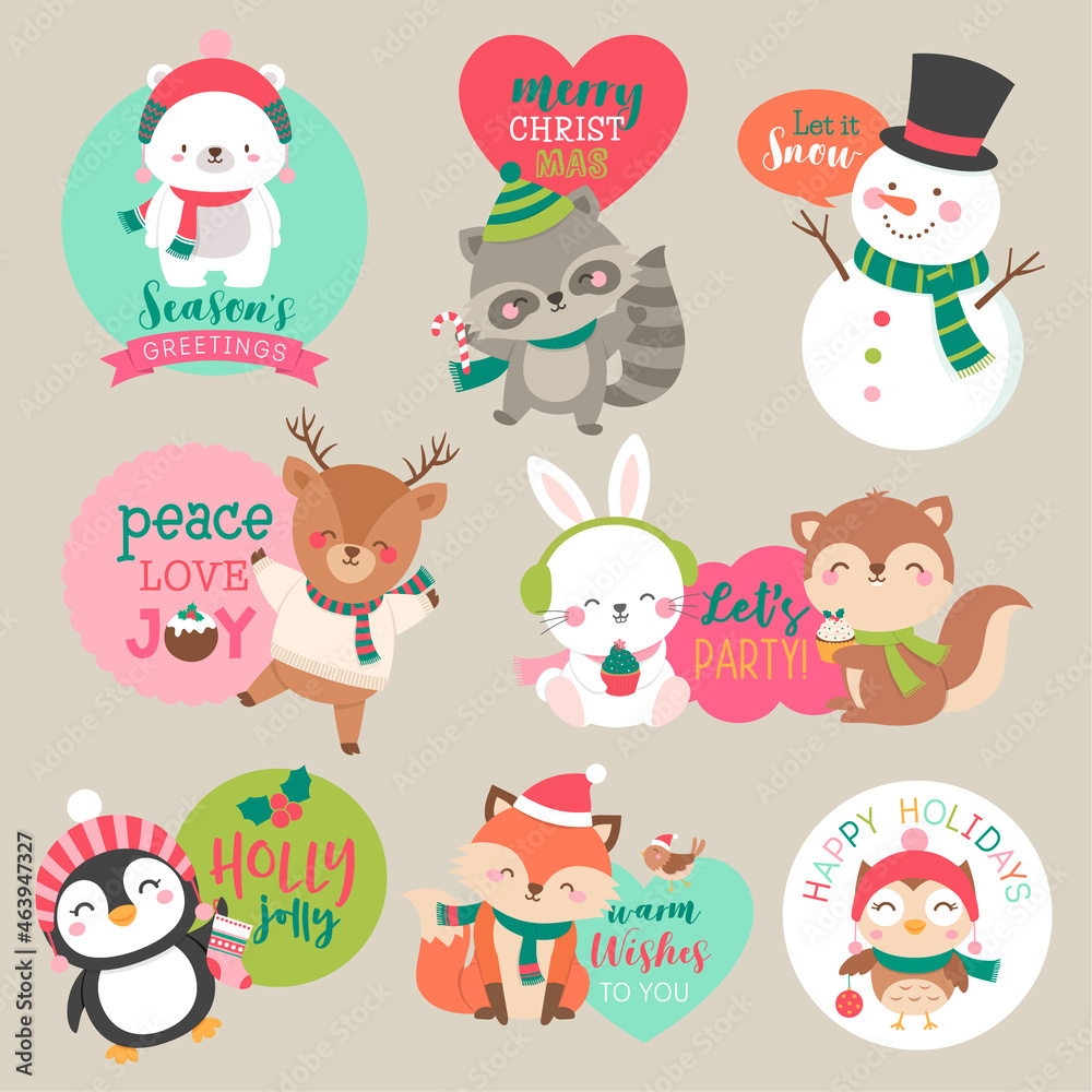 Set of cute cartoon Christmas characters for sticker, badges, card, tag design. Set of cute cartoon Christmas characters for sticker, badges, card, tag design.
