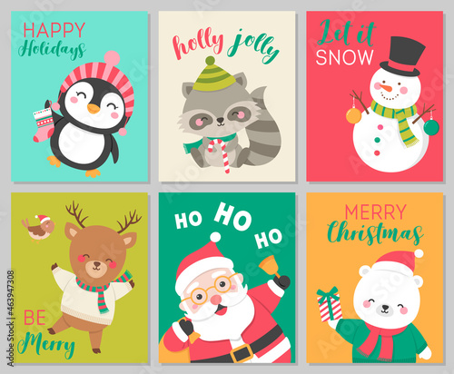 Set of cute cartoon character illustration for Christmas card design.