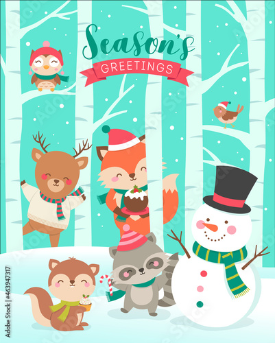 Cute cartoon animals and snowman illustration with tree background for christmas celebration.