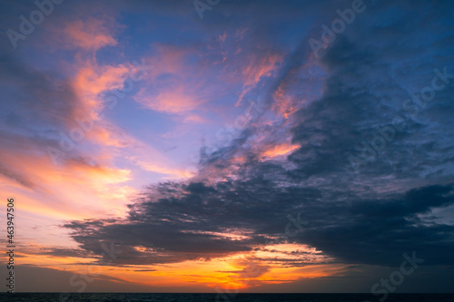 Amazing seascape majestic sunset clouds over the sea with dramatic sky sunset or sunrise Beautiful nature minimalist background and texture Panoramic nature view landscape Dramatic light sky and cloud
