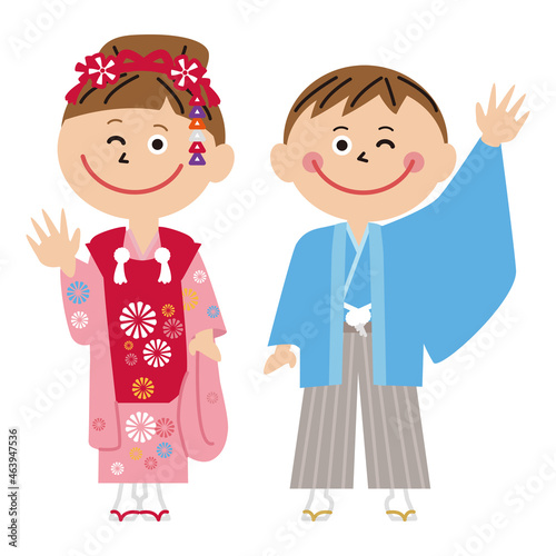 ポップな子供　和服　笑顔　男の子と女の子