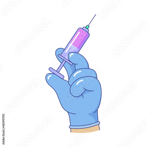 Hand in glove pressing syringe ready to inject shot. Injection syringe with needle, medical equipment. Vaccination or medical injection vector illustration on white background