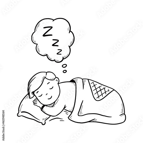 Hand drawn sleep kid boy. Doodle sketch style. Concept of relax time, child sleep time. Isolated vector illustration.