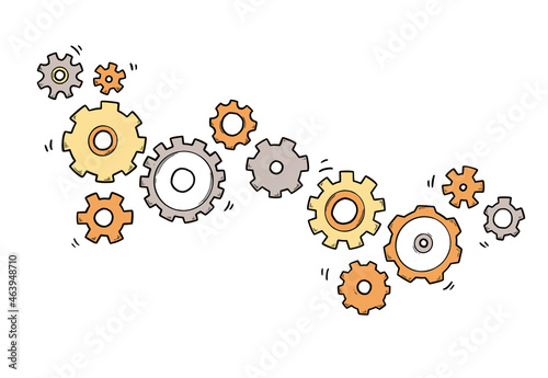 Hand drawn gear set. Doodle sketch style color gear mechanism. Concept of business idea, teamwork, progress background. Doodle cog vector illustration.