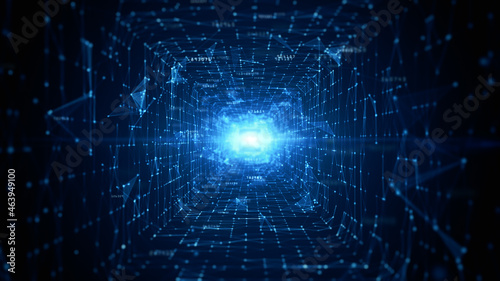 Fototapeta Naklejka Na Ścianę i Meble -  Tunnel Sci-Fi Digital Cyberspace, Digital Data Network and Blockchain Connections. Technology Digital Data Background Concept. 3d rendering