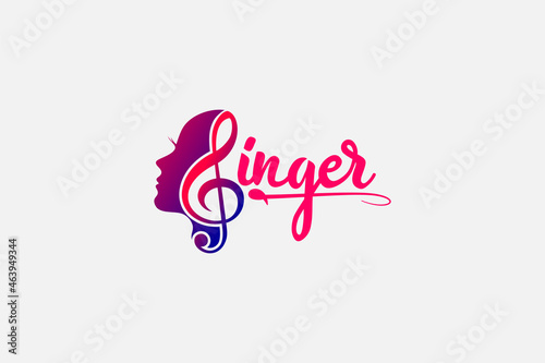 Singer Vocal Karaoke / Choir with Music Notes Treble Clef - Singing Woman Face Silhouette logo design