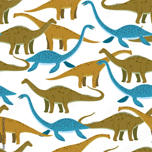 Fototapeta Naklejka Na Ścianę i Meble -  Seamless pattern with cute cartoon doodle dinosaurs, diplodocus, giraffe titan and plesiosaur. Adorable children design.