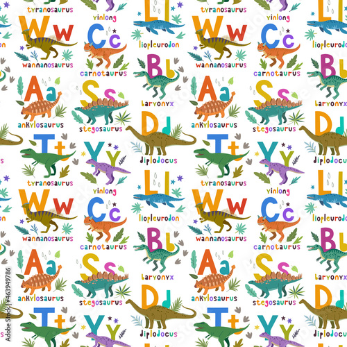 Seamless pattern with cute cartoon doodle dinosaurs, nature elements and hand drawn letters. Adorable children design. photo