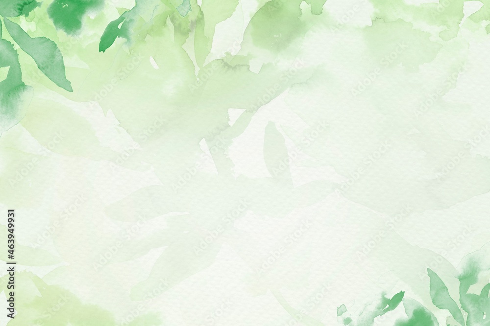 Fototapeta premium Spring floral watercolor background in green with leaf illustration