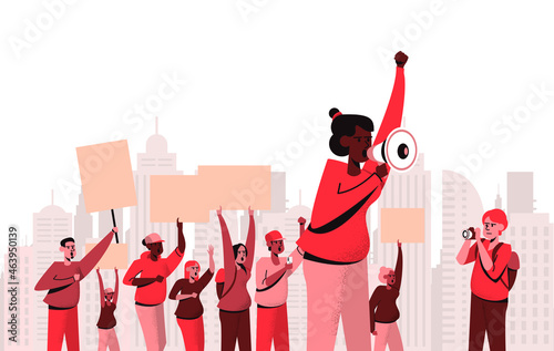 Social Justice - people protesting in city, banner
