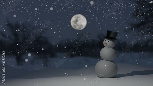 A snowman with his black hat is standing in a forest at a falling snow moment with blur full moon background (3D Rendering)