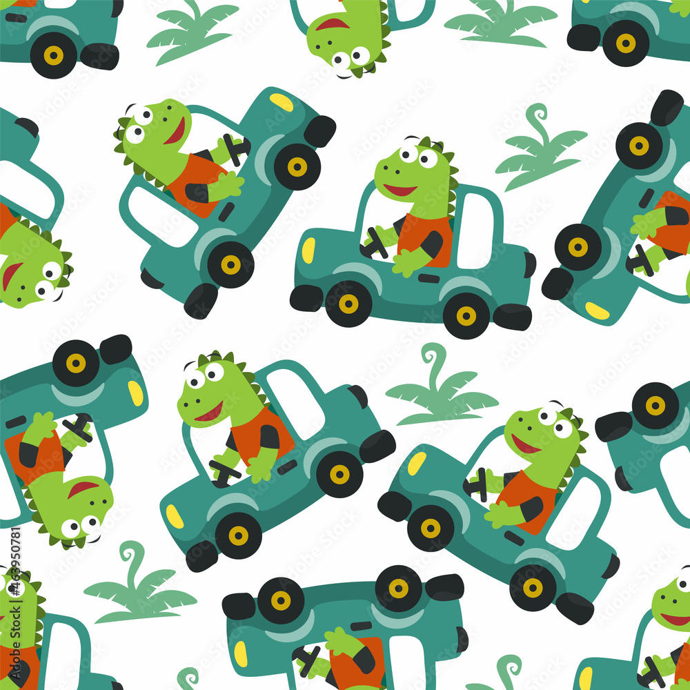 Naklejka premium Seamless pattern of cute dinosaur driving a car go to forest funny animal cartoon. Can be used for t-shirt print, kids wear fashion design, print for t-shirts, baby clothes and other decoration