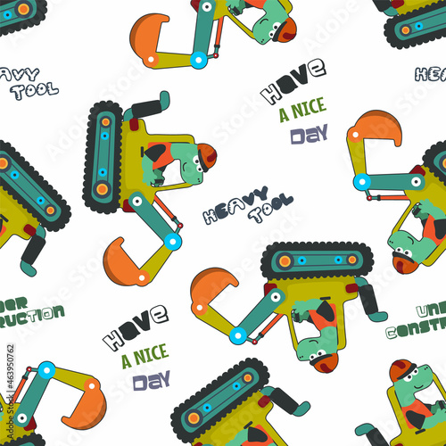 Seamless pattern of  hand drawing digger and worker dinosaur print design, Can be used for t-shirt print, kids wear fashion design, print for t-shirts, baby clothes, poster. and other decoration.