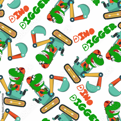 Seamless pattern of  hand drawing digger and worker dinosaur print design, Can be used for t-shirt print, kids wear fashion design, print for t-shirts, baby clothes, poster. and other decoration.