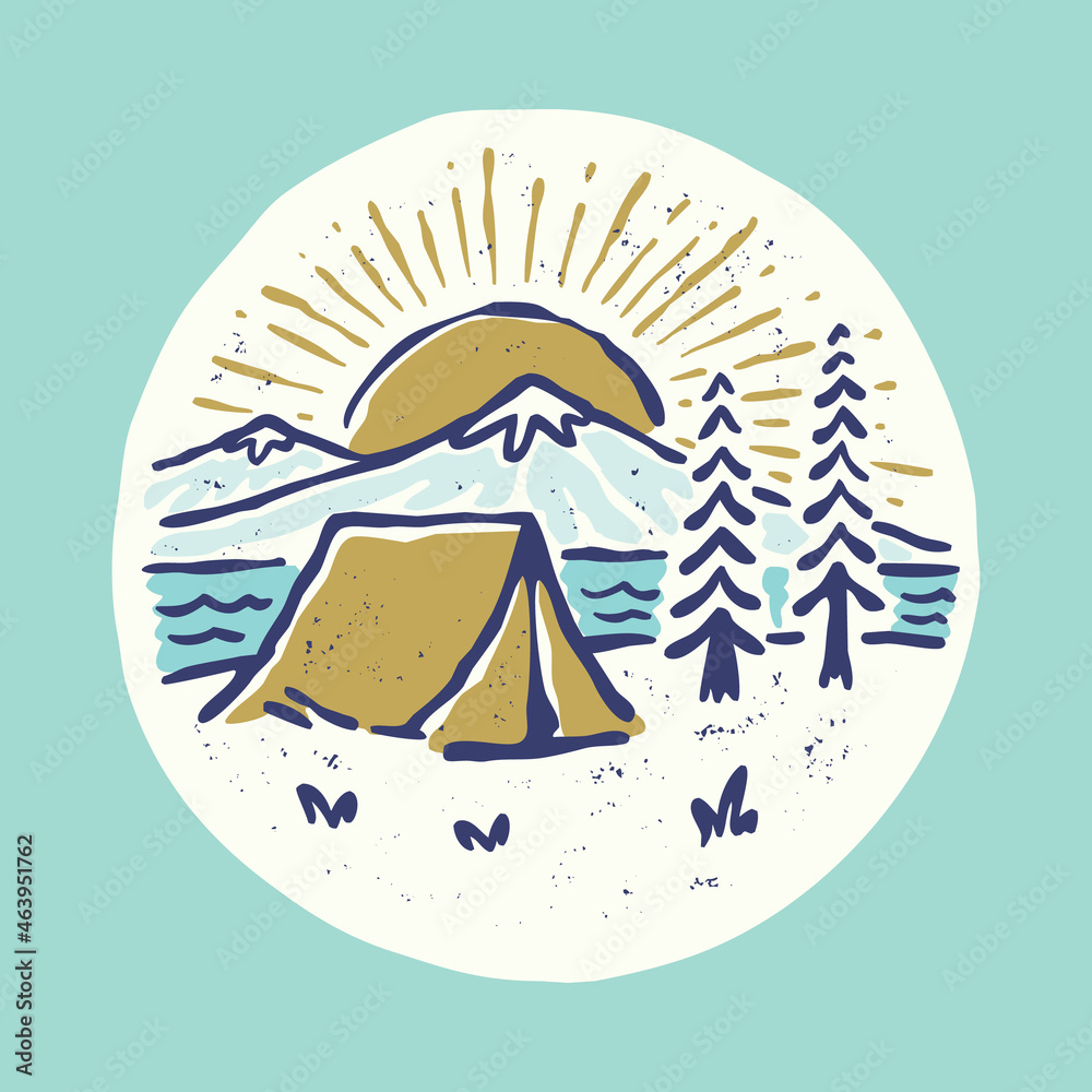 Camping and beautiful sunrise with river graphic illustration vector art t-shirt design
