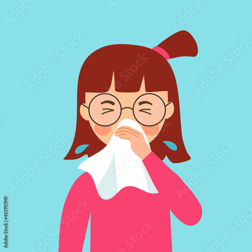 A girl children suffering from flu. Sad kids sneezing in handkerchief or tissue paper. Flu or cold allergy symptom cartoon. Influenza treatment.