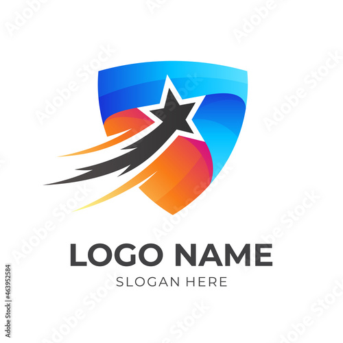 star protect logo template, star and shield, combination logo with 3d blue and orange color style