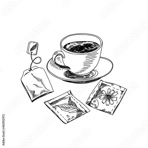 Tea cup hand drawn black and white vector illustration