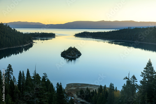 Dawn over Emerald Bay and Fannette Island in South Lake Tahoe. Lake Tahoe, El Dorado County, California, USA.