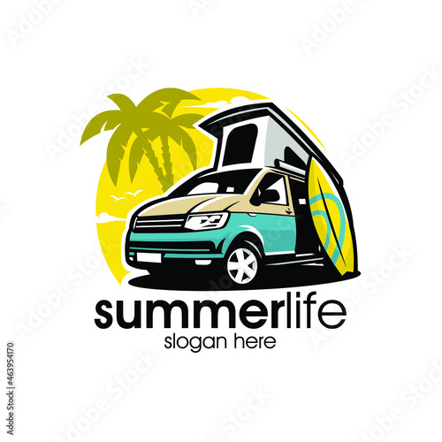 Summer life camper van surf logo illustration vector