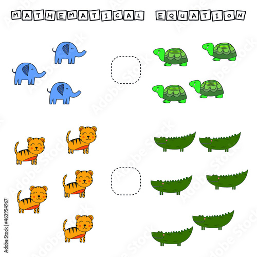 ​​Which is greater, less or equal game with funny turtles, elephants, tigers, crocodiles. Worksheet for preschool kids, kids activity sheet, printable worksheet