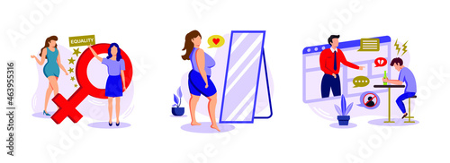 Feminism, Body Positive, Internet Criticism. Social activism abstract concept vector illustration set.