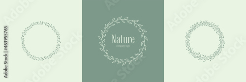 A set of minimalistic logos in a circle photo. Picking up a company in the center. Linear style. Delicate, sophisticated wreaths of plants, flowers, branches and leaves. Logo for womens business