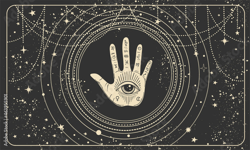 Frame for astrology, tarot, palmistry, fortune telling. Palm and all-seeing eye on a black mystical background of the universe with stars. Vector wallpaper, hand drawing.
