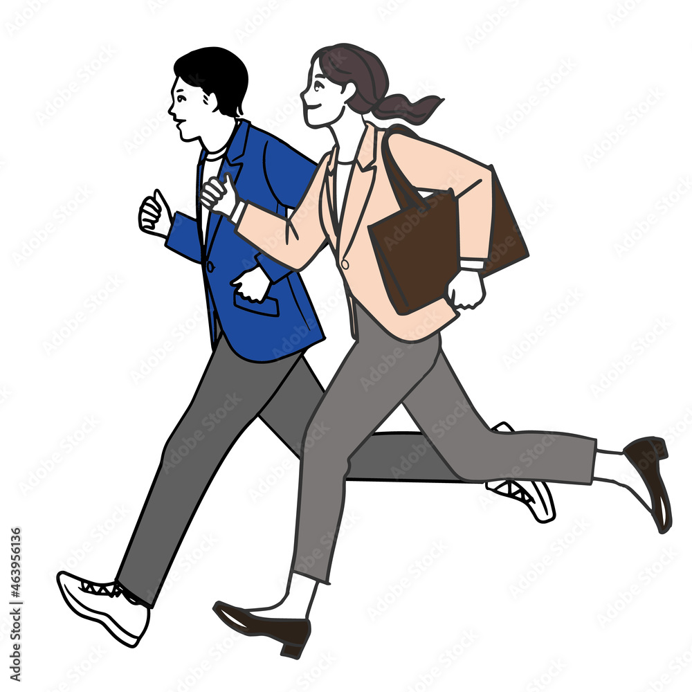 ジャケットを着た走る若いアジア人男性と女性の全身の線画のイラスト ジャケットを着た走る若いアジア人男性と女性の全身の線画のイラスト