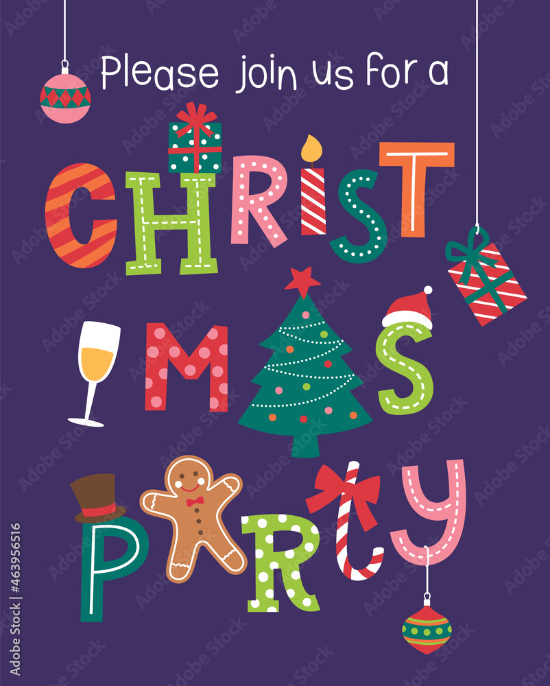 Fototapeta premium Christmas party card design with typography illustration and christmas icons.