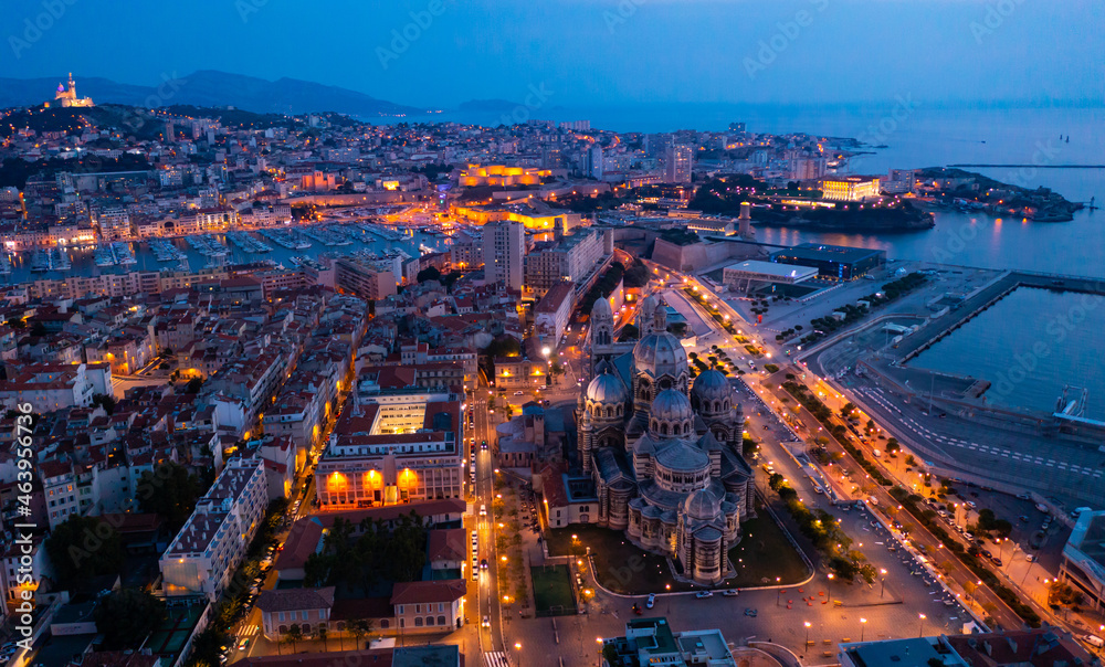 View from drone of church Cathedrale La Major at night, Marseille, France