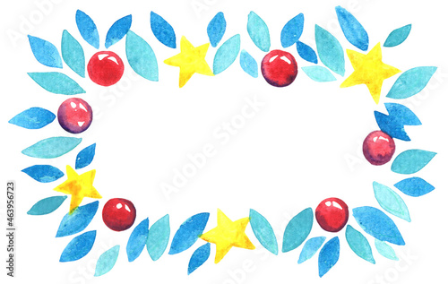 Green leaves, Christmas ball and star frame watercolor for decoration on Christmas holiday events.