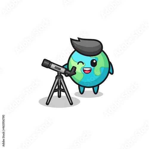 earth astronomer mascot with a modern telescope