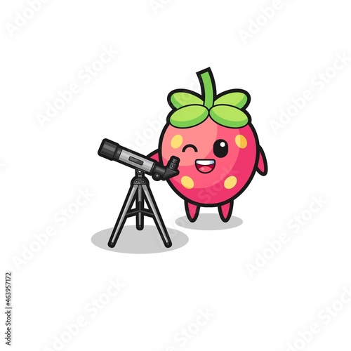 strawberry astronomer mascot with a modern telescope