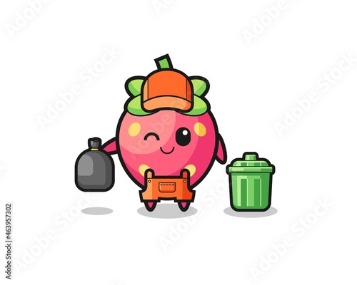 the mascot of cute strawberry as garbage collector