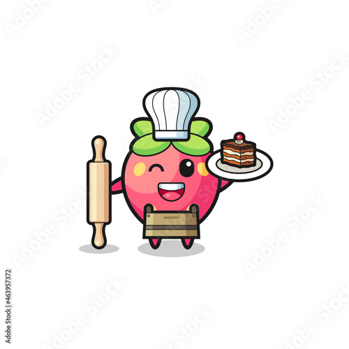 strawberry as pastry chef mascot hold rolling pin