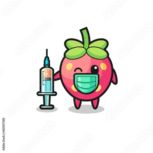 strawberry mascot as vaccinator