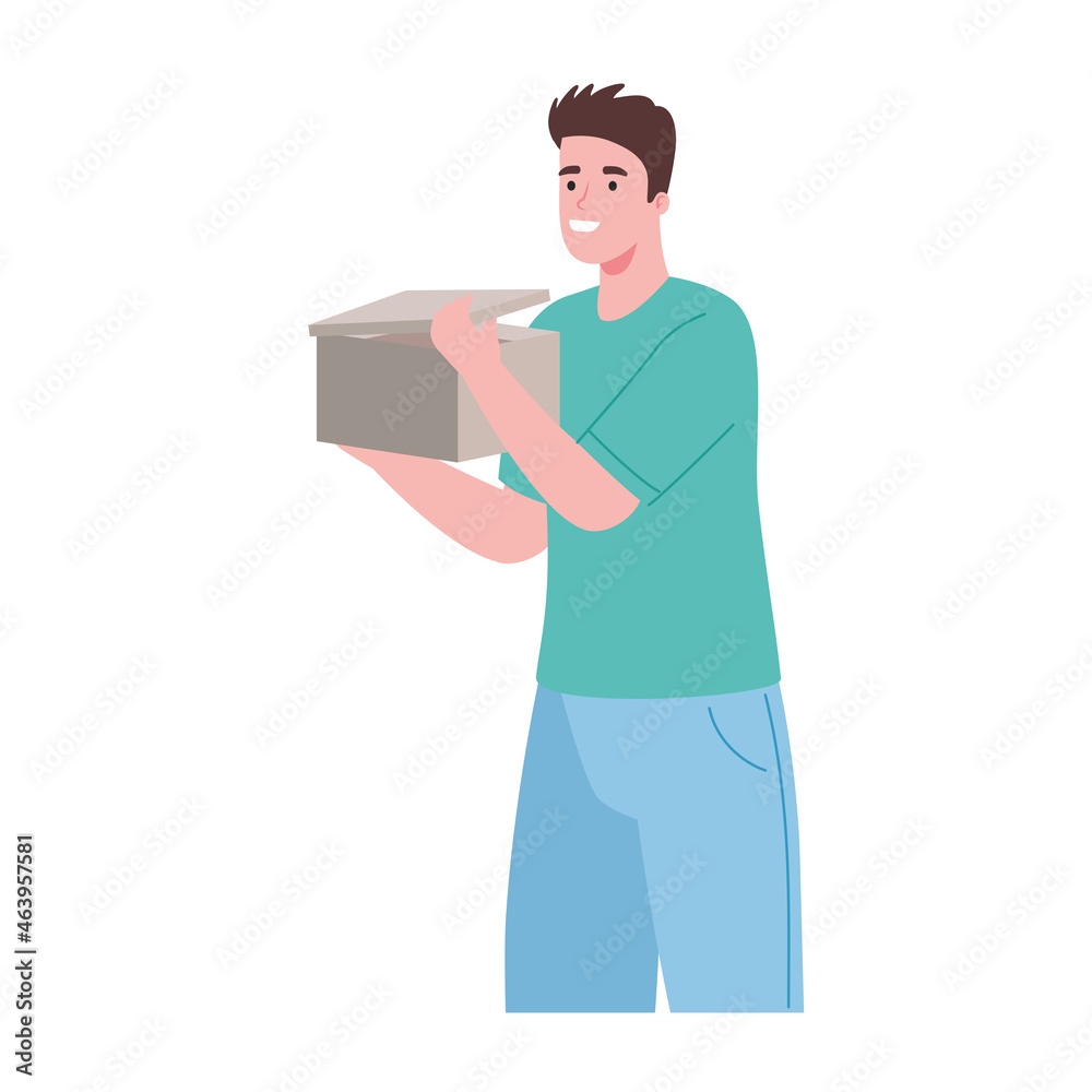 young man opening box