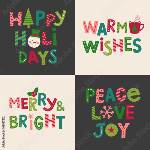 Set of Merry christmas hand written lettering with hand drawn decoration elements.